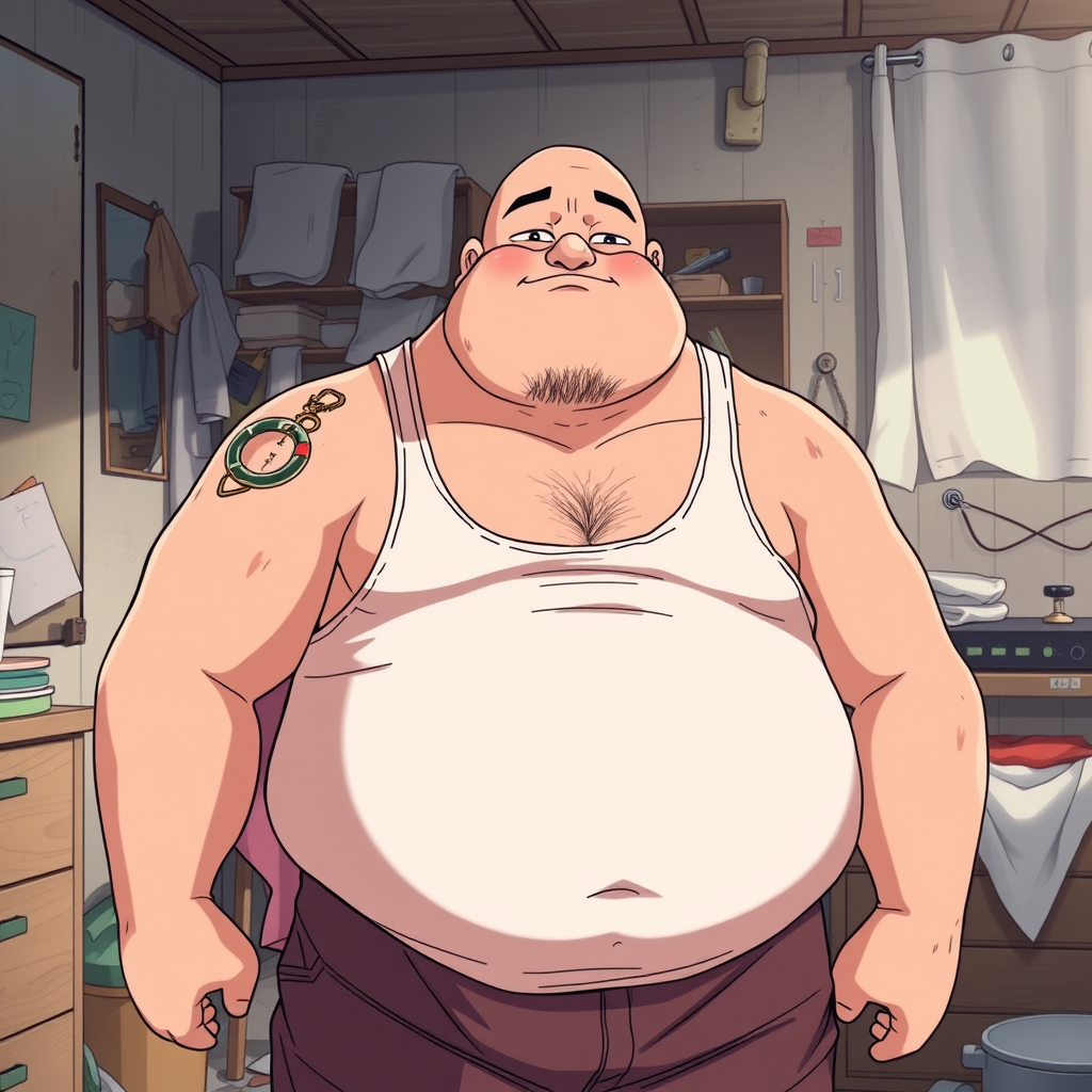 AI Art prompt example created from the prompt: Bald fat man, sweating, tank top and shorts, messy room, anime