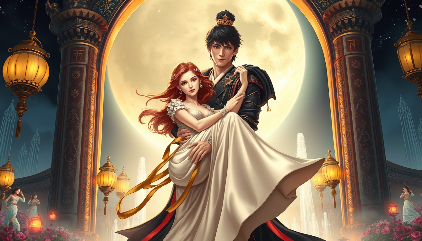 Main art studio: A tall warrior prince from a fire kingdom carries a princess through a grand silver moon gate.The prince has dark hair, amber eyes, and a black-and-cr
