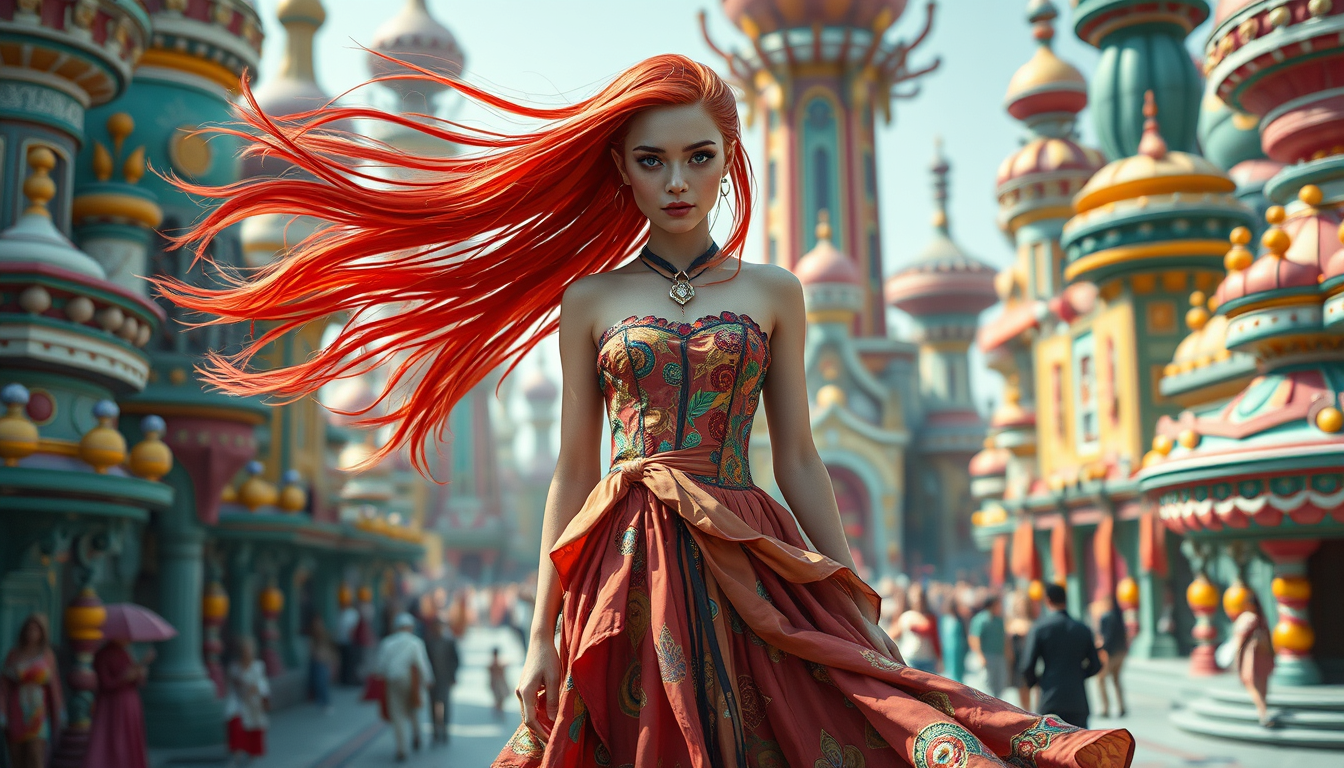 Main art studio: Full-body young adult female human-alien hybrid, vertical 9:16, head-to-feet visible. **Very long flowing vivid red hair past the waist**, wind-blown.