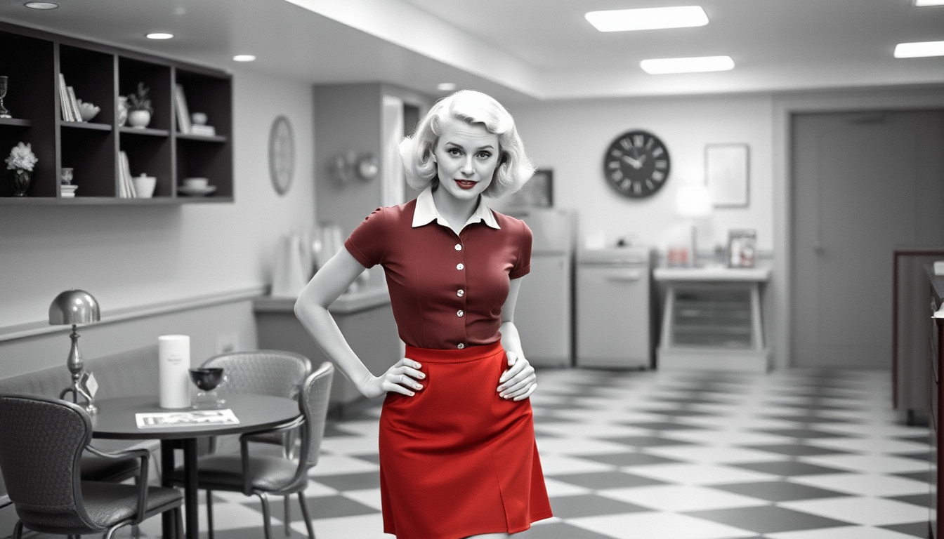 Main art studio: 1950s housewife, blond, miniskirt