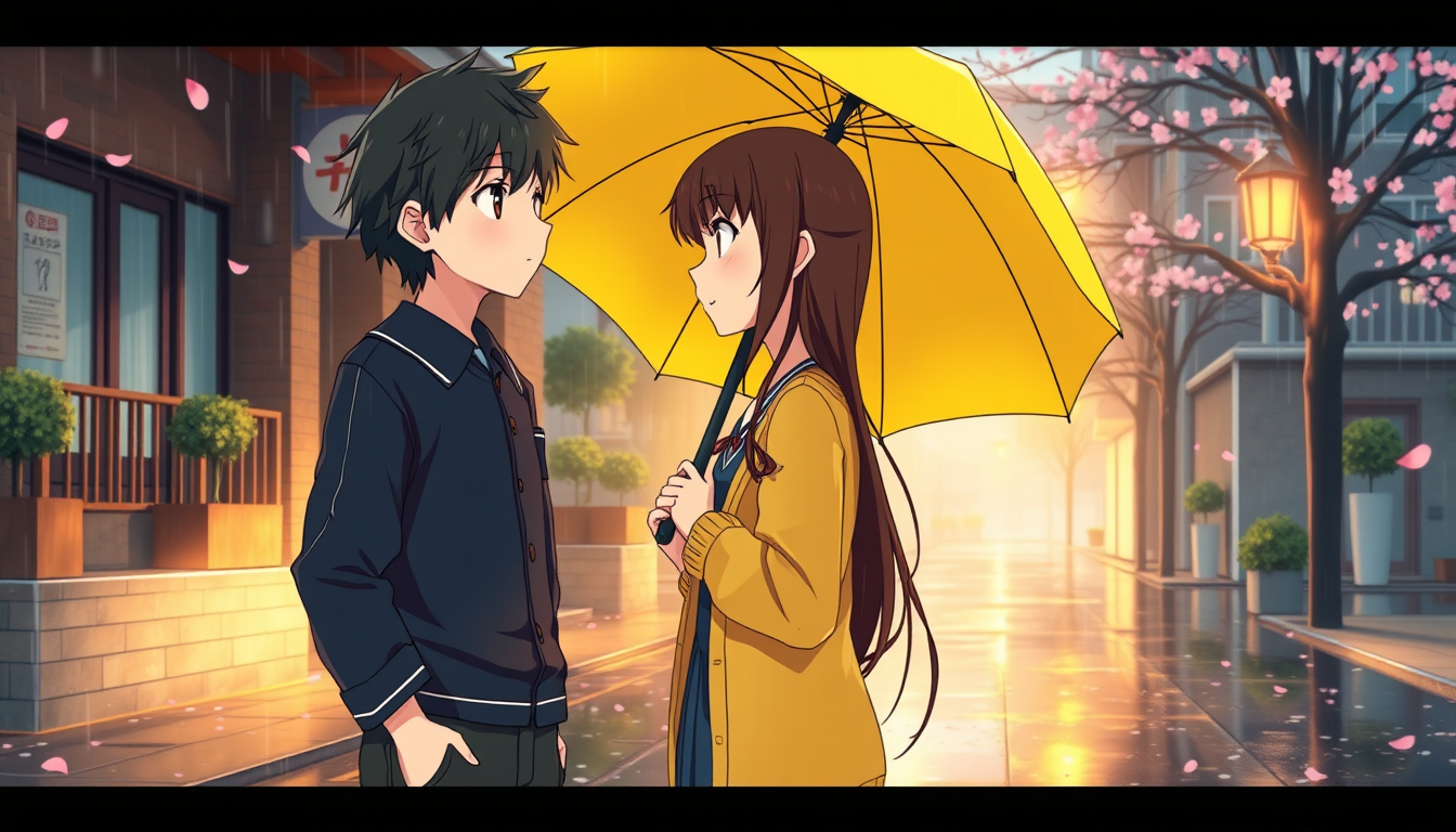 Anime idea: anime style, vibrant colors, expressive eyes, Romantic Japanese anime movie scene, a shy teenage boy with messy black hair in a navy school uniform st