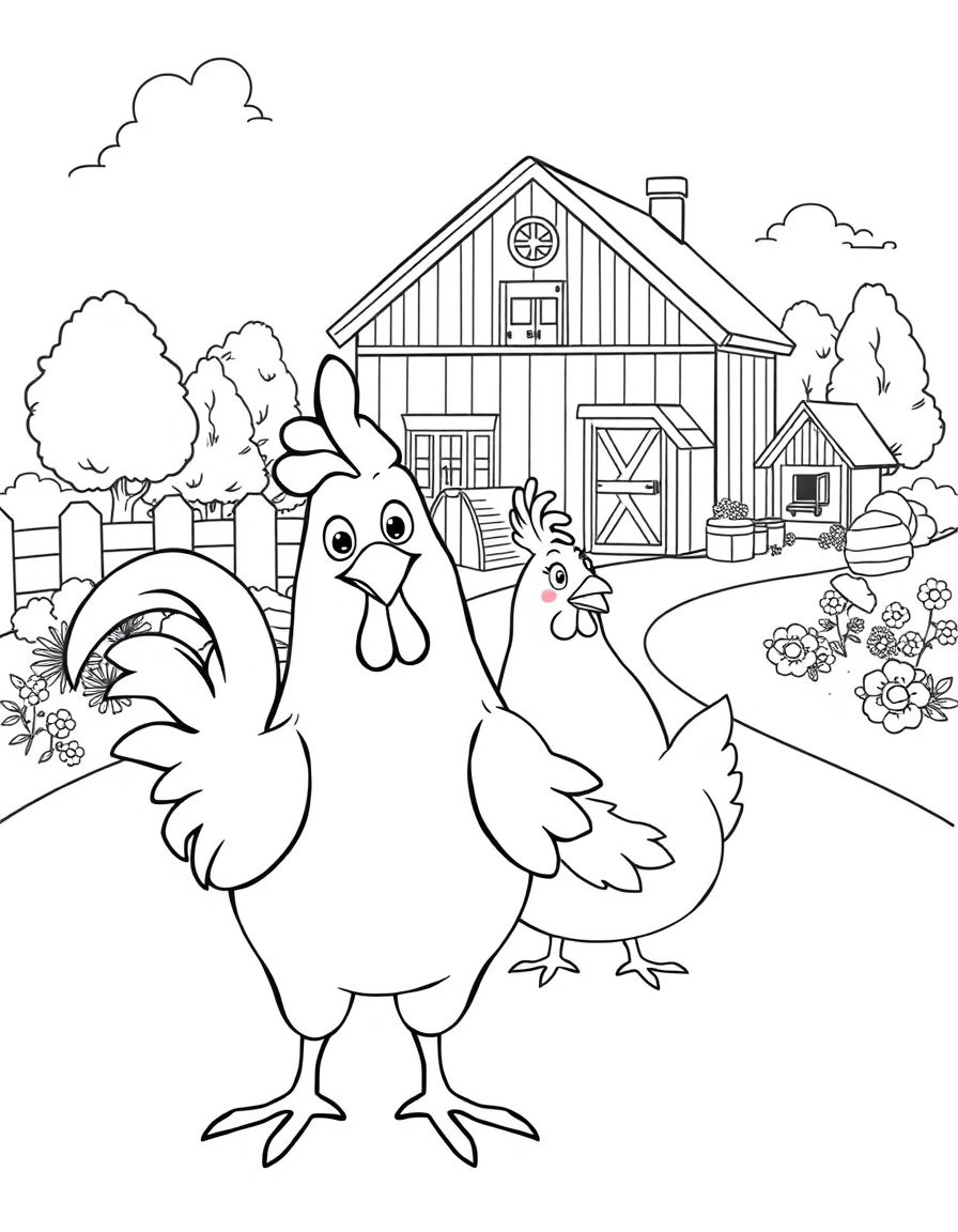 Main art studio: A clean, detailed black-and-white line art colouring page for children. In the foreground, a cute cartoon rooster and hen with soft shapes, playful pr