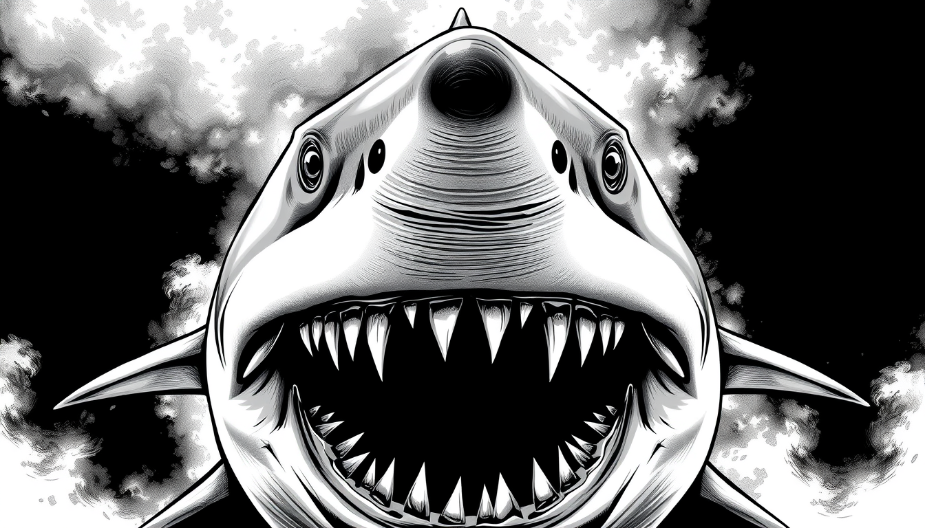 Main art studio: A dark realistic angry big white shark front, the camera is low looking up to the shark. Black ink ilustration, without color, only black and white.