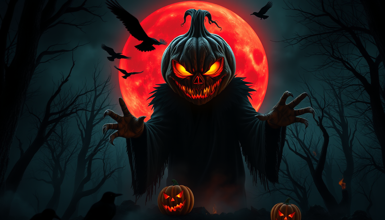 Main art studio: Terrifying cinematic Halloween scene featuring Samhain, a towering supernatural pumpkin-headed creature emerging from a dark forest. Ancient twisted p