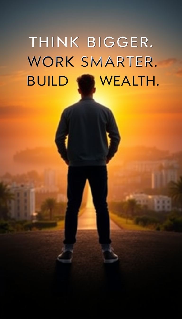 Main art studio: Person standing confidently in front of a golden sunrise, pathway leading toward a luxurious city, quote: “Think Bigger. Work Smarter. Build Wealth.”,