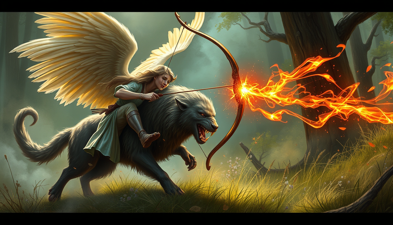 Main art studio: Angel hunting an wild beast with a magic bow
