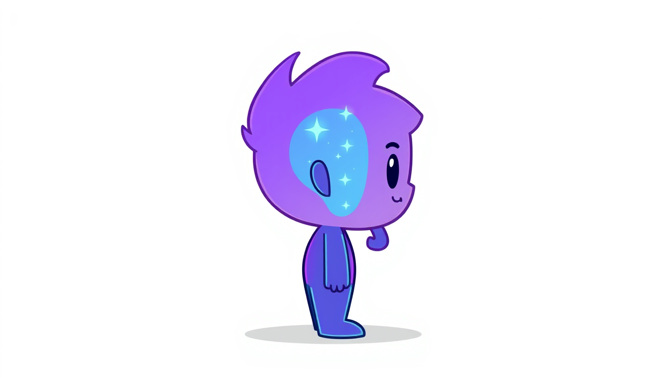 Main art studio: 2D side-view game character, facing right, simple cartoon style, calm friendly face, purple and blue cosmic energy body, small stars inside, glowing e