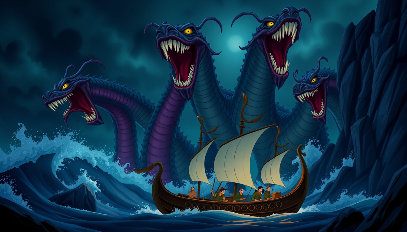 Main art studio: Prompt: Disney animation style, giant terrifying sea monster Scylla from Greek mythology, six long serpentine necks with fierce snarling heads, sharp