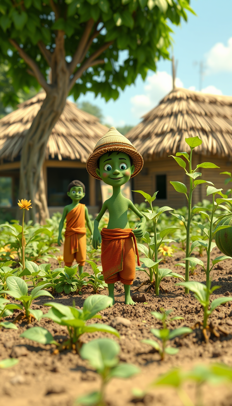 Main art studio: A beautiful green Indian village farm in a funny Reverse World. Farmer-plants are wearing simple rural clothes and farming like humans, while human-sh