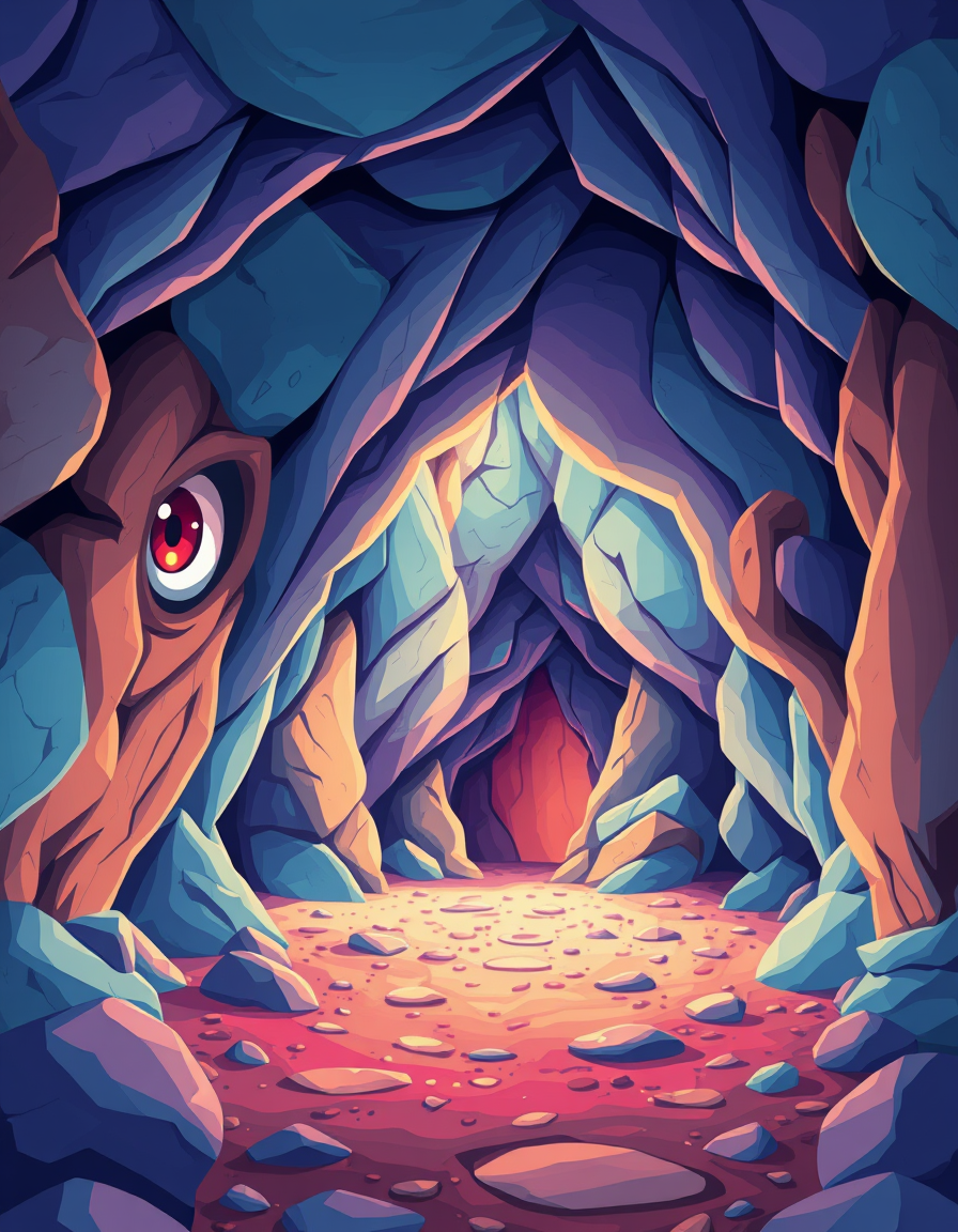 Anime idea: anime style, vibrant colors, expressive eyes, create a cave with simple Toon cel-shaded artstyle , detailed anime illustration