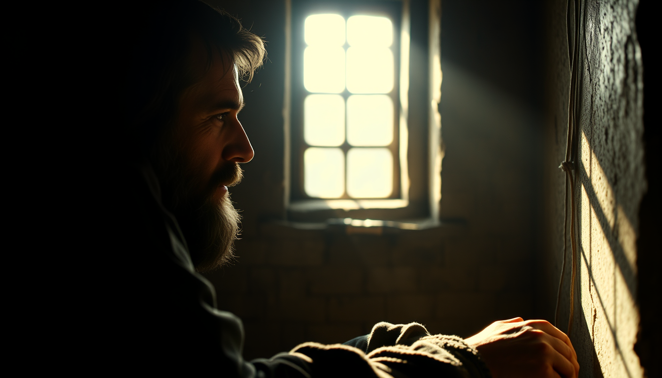 AI Art prompt example created from the prompt: A cinematic close-up of Niccolo Machiavelli sitting beside a small prison window, looking thoughtfully towards the light, half his face in s