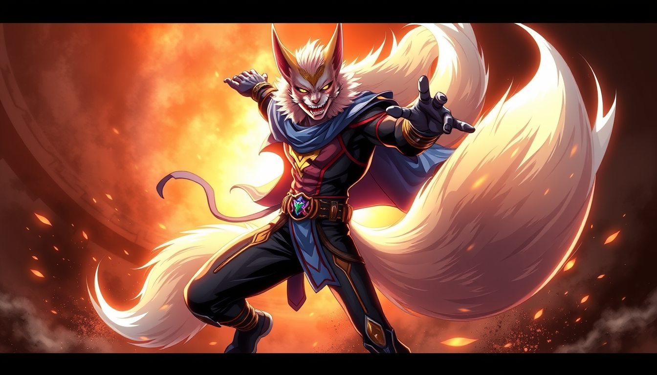Superhero idea created from the prompt: original superhero character design, dynamic pose, bold costume, dramatic lighting, comic art energy, Anime style kitsune with 4 tails. , or