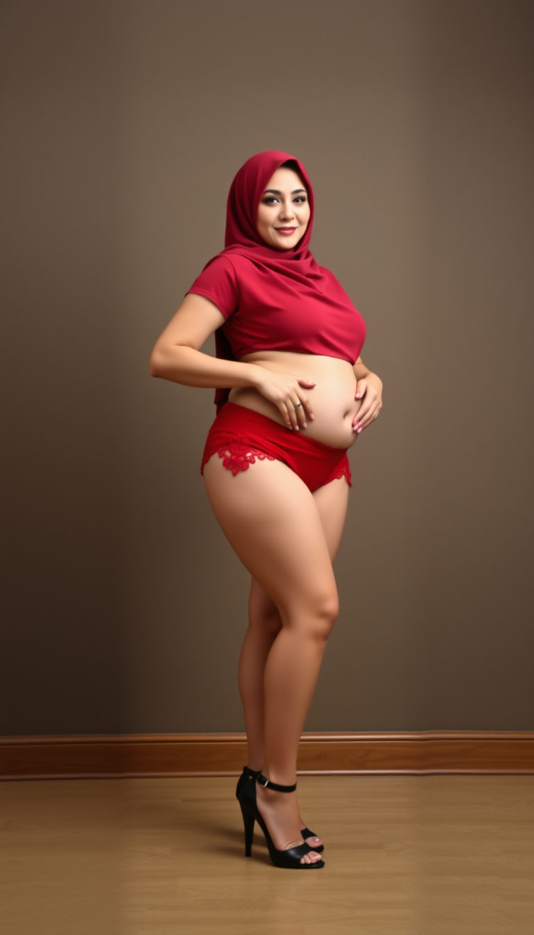 AI Art prompt example created from the prompt: Fat body Arabic Lady with Hijab in red thong with black heels