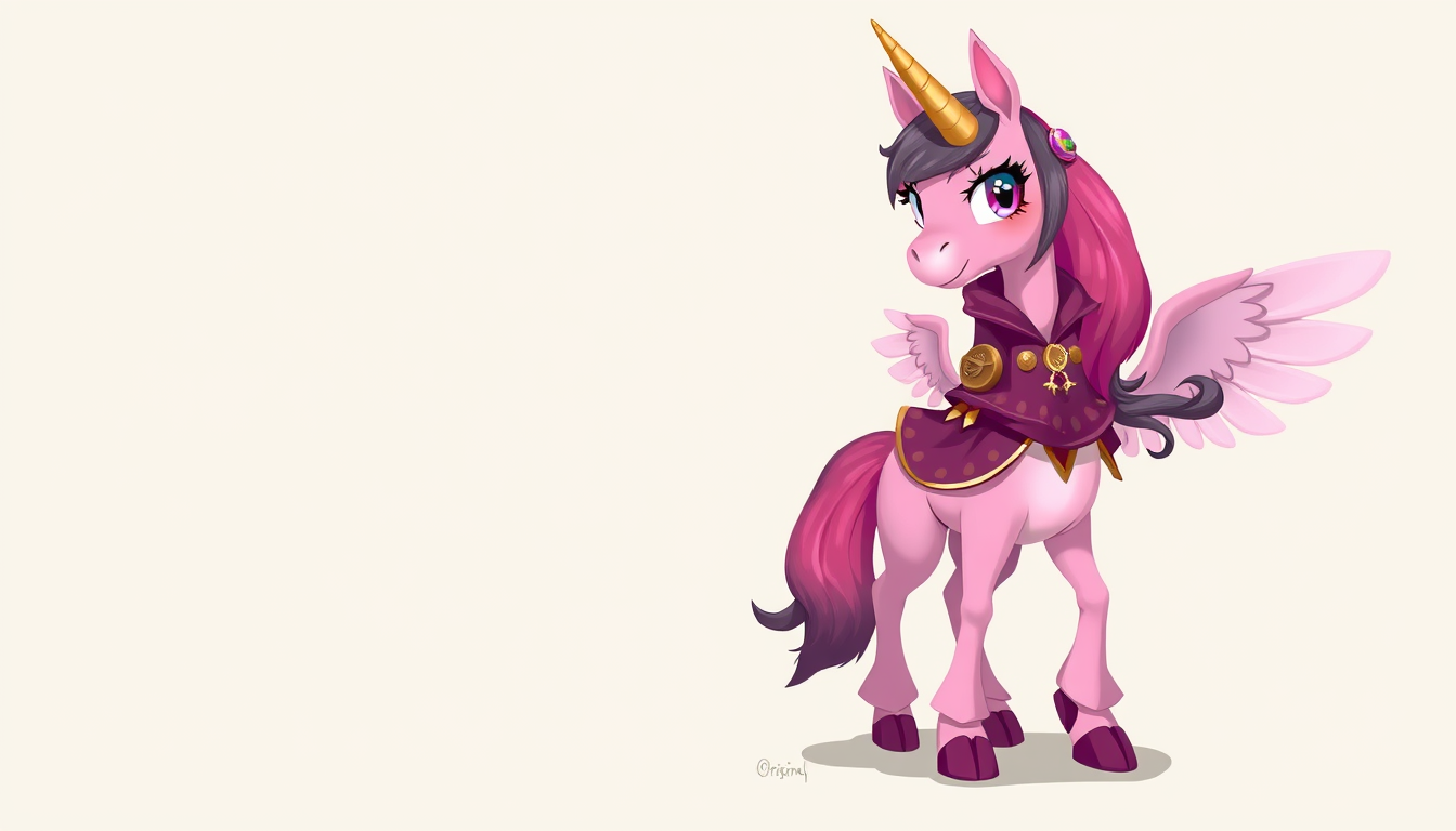 Characters idea: original character design, detailed outfit and accessories, expressive personality, pink unicorn, wings, dark pink hooves, black mane and tail, golden