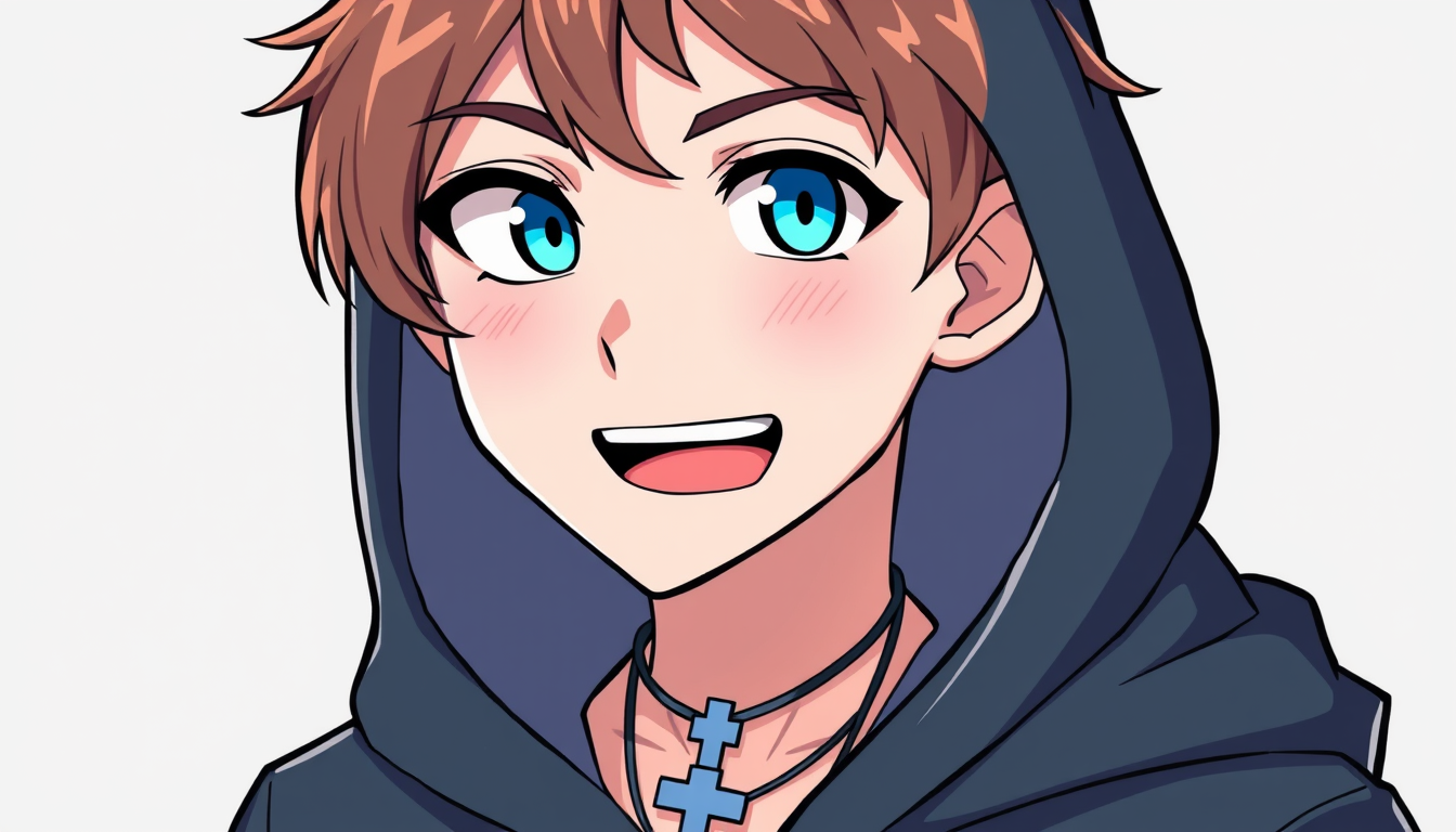 VTuber idea: vtuber avatar character, anime style, expressive face, streaming-ready design, Make a male vtuber with a cross necklace and a shark hoodie that cute a