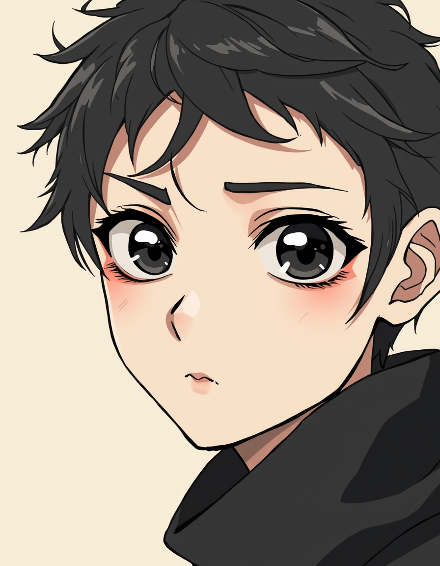 Main art studio: Yuta Okkotsu from Jujutsu Kaisen, Pinterest moe PFP art style. Very large, expressive dark grey anime eyes with glossy highlights, a distinctive softl