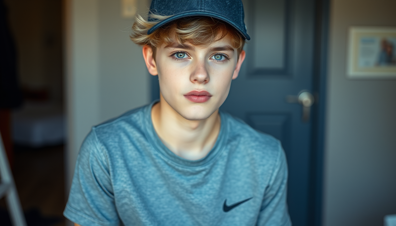 Main art studio: Mache mir ein Foto von einem hellbraunem Jungen der 16 Jahre alt ist un helbraune fluffige Haare hat mit einem weissem weissem Nike t-Shirt und einer