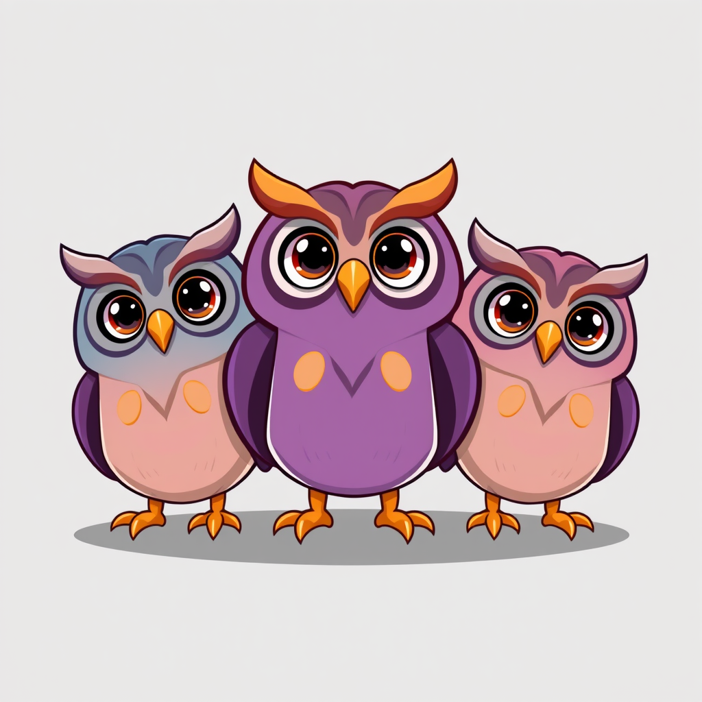 Main art studio: charming 2D mascot logo with exactly three cute, cheerful owls, positioned far apart with lots of space between them. Colors: blue-gray, purple and wa