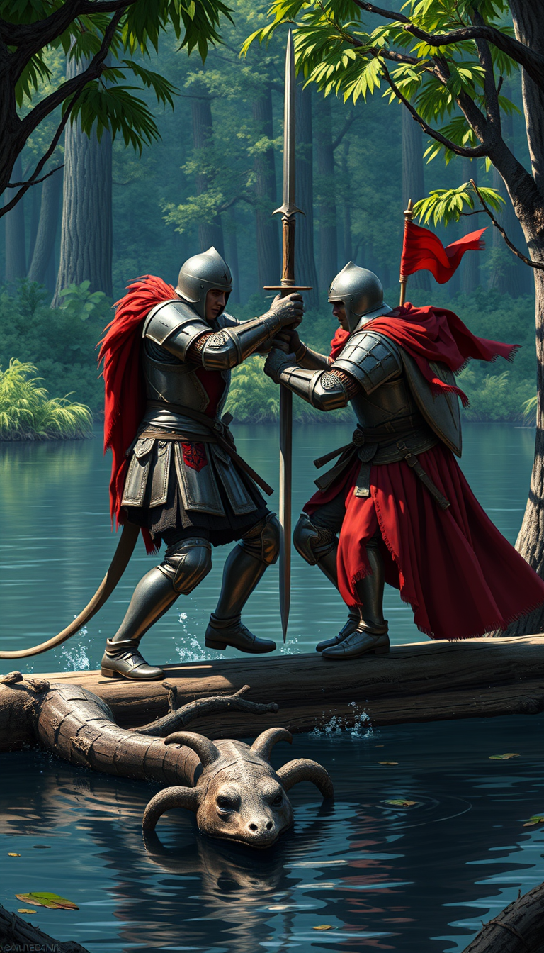 Main art studio: Crea una imagen de la época medieval de dos caballeros con sus armaduras, escudos y espaldas peleando entre ellos encima de una tabla y abajo un lago