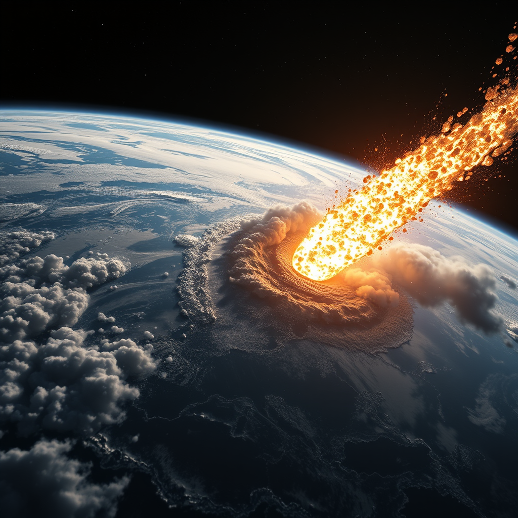 Main art studio: Cinematic view from low Earth orbit, 400 km above Earth. Asteroid Apophis 99942 crashes into the North Atlantic between Britain and North America. A c