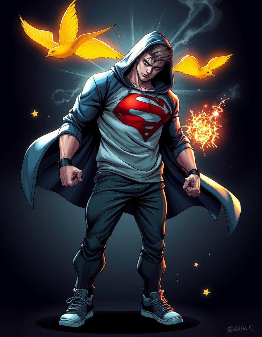 Superhero idea created from the prompt: original superhero character design, dynamic pose, bold costume, dramatic lighting, comic art energy, verschlafener Typ, ziemlich klein – Ho