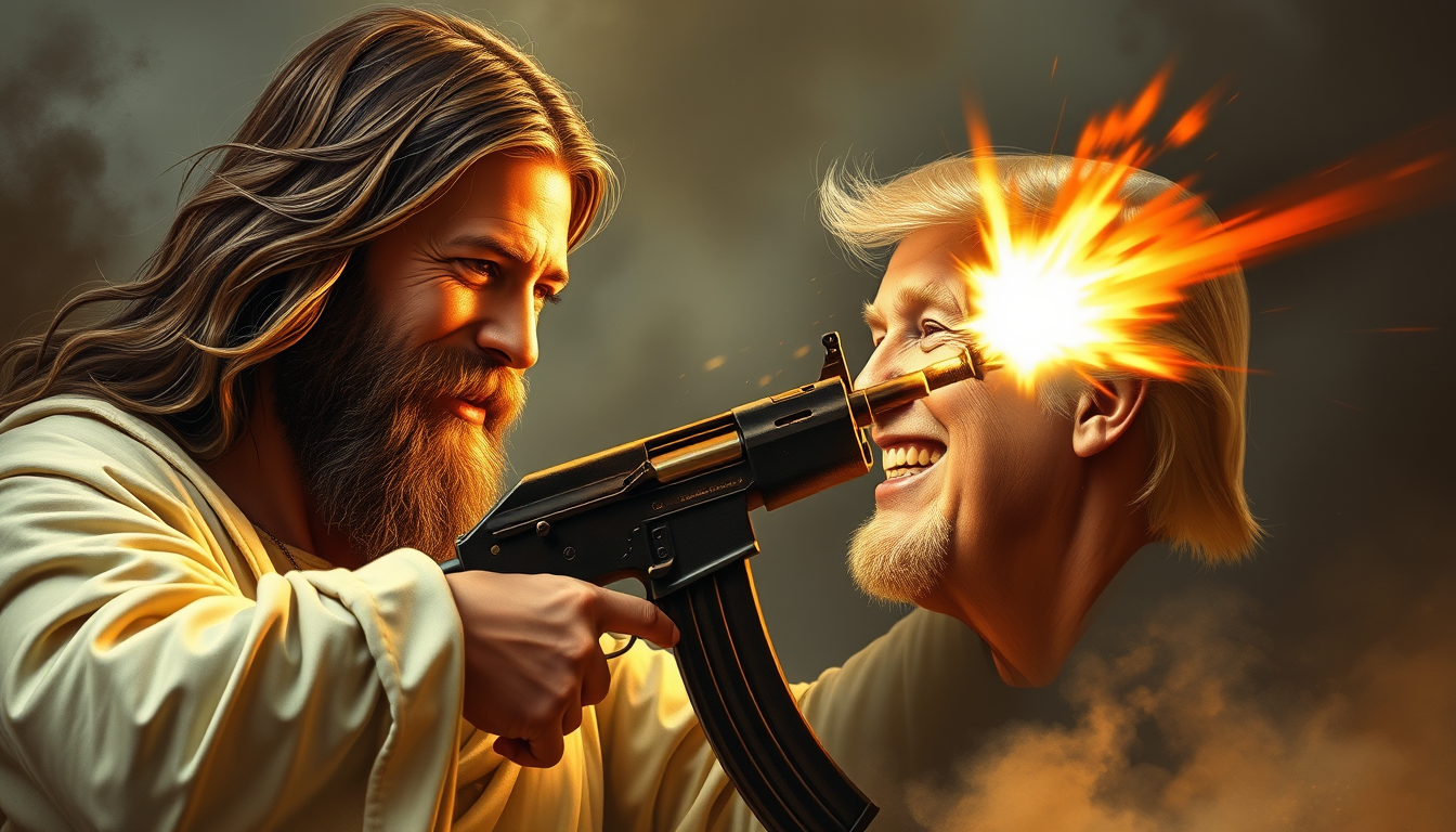 AI Art prompt example created from the prompt: Jesus shooting Donald Trump in the face with an AK-47 and smiling
