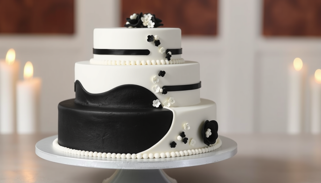 Main art studio: Planungsskizze einer dreistöckigen Hochzeitstorte. Jede Etage halb schwarz halb weiß. In der mitte wo sich die Farben treffen den Fondant etwas geraff