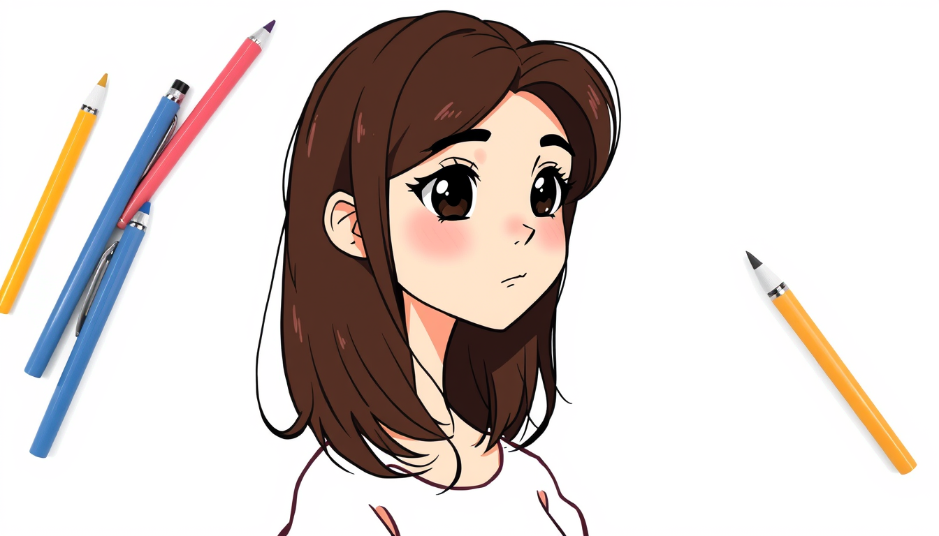 Main art studio: Make a girl with medium dark brown hair, round face, black eyes make that drawing make the drawing kind of cartooning