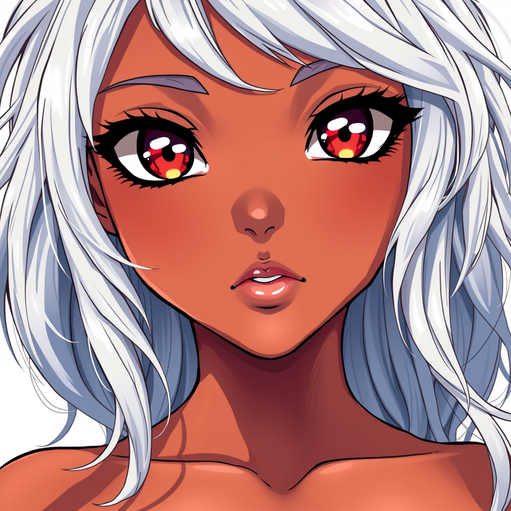 Anime idea: anime style, vibrant colors, expressive eyes, Fille africaine gros seins cheveux argentés crépus tresse yeux rouges , detailed anime illustration