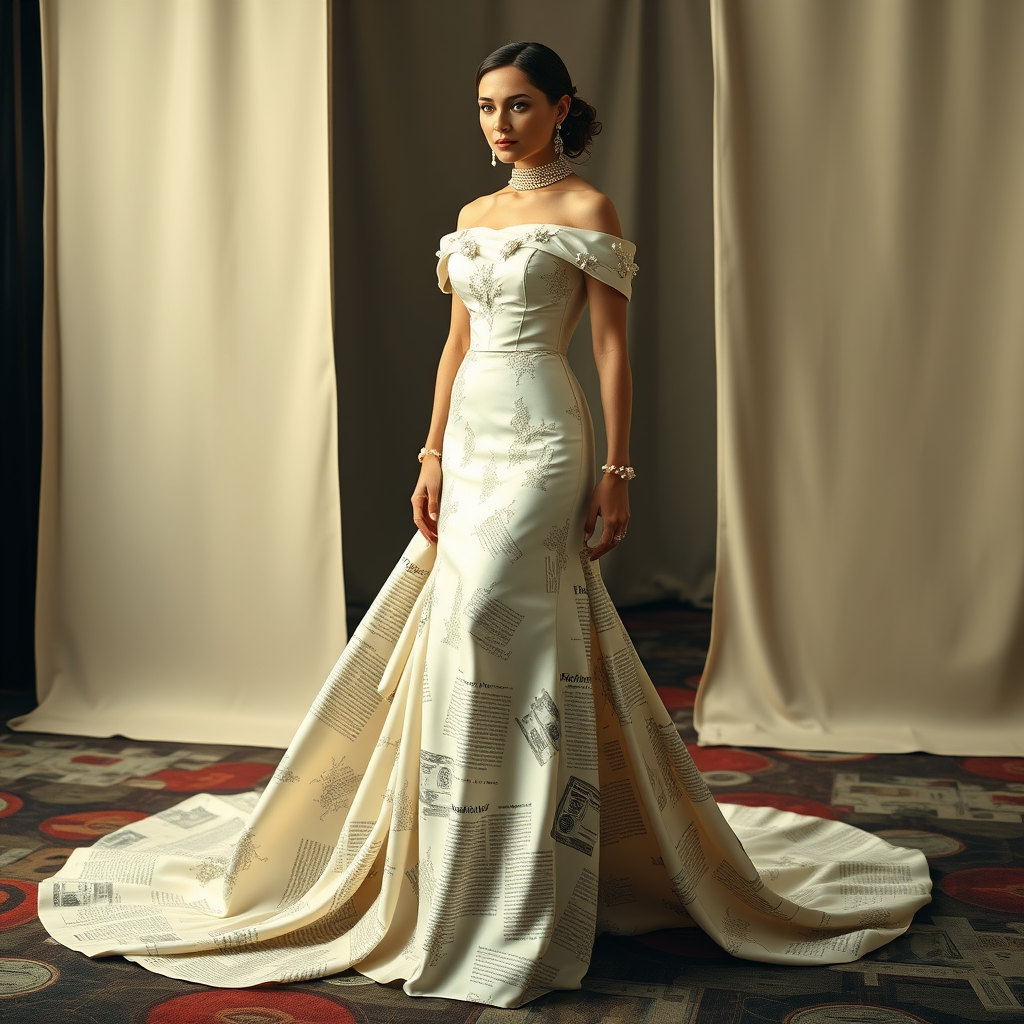 Main art studio: Haute couture old money gown, long fitted straight silhouette, off-the-shoulder neckline, ivory silk with subtle antique newspaper print, pearl embroi