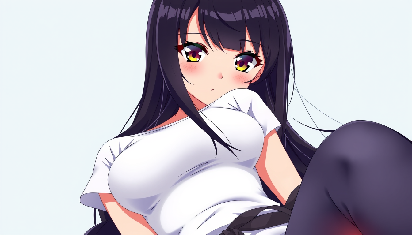 Anime idea: anime style, vibrant colors, expressive eyes, Anime woman with long glossy black hair and bangs, white fitted T-shirt, dark jacket tied at waist, calm