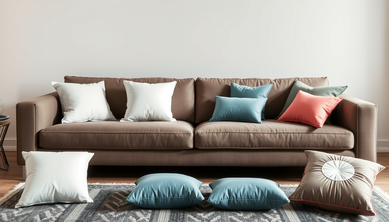 Main art studio: Realistisches Foto eines modernen Wohnzimmers. Eine große anthrazitfarbene Eckcouch steht vor einer hellen Wand. Auf der Couch liegen dekorativ angeor