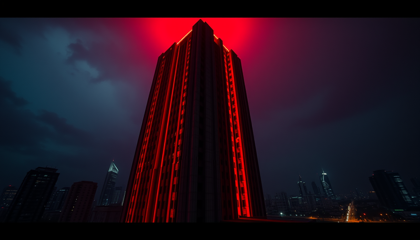 AI Art prompt example created from the prompt: Wide shot 16:9 cinematic YouTube thumbnail of Bangkok's abandon Sathorn Unique Tower under a dramatic midnight sky. Intense crimson red ambi