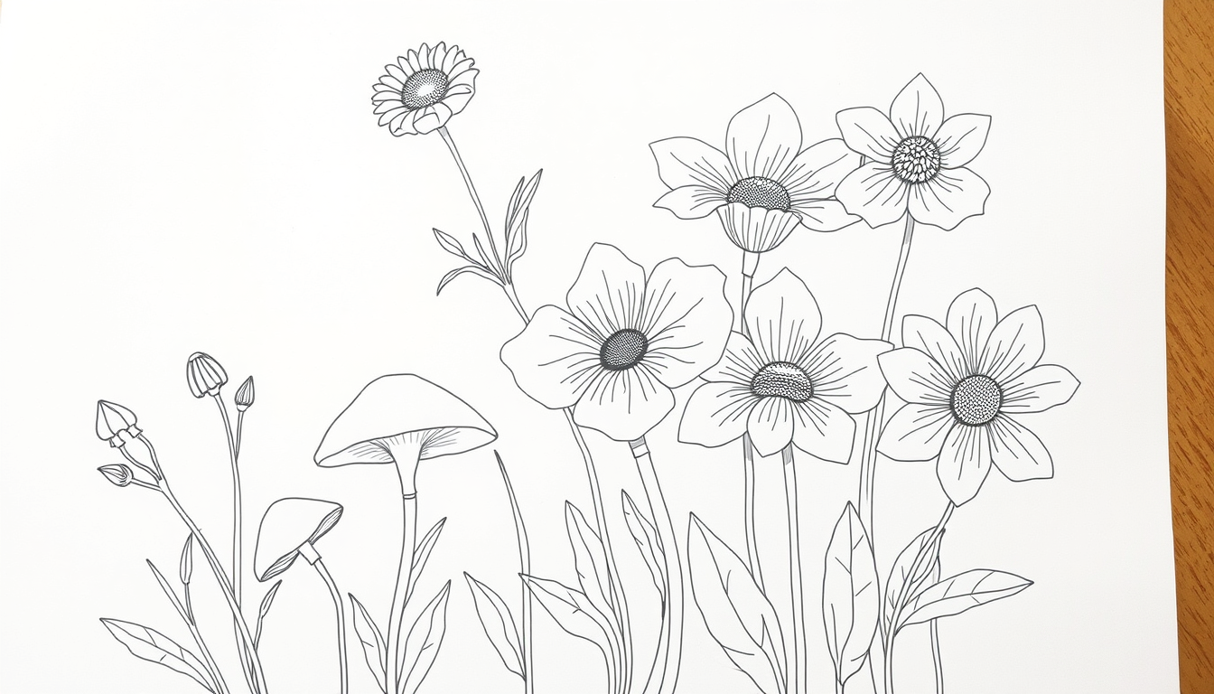 Main art studio: sketch me up some line art of some flowers with some squggles and bold lines and mushrooms and complex flowers