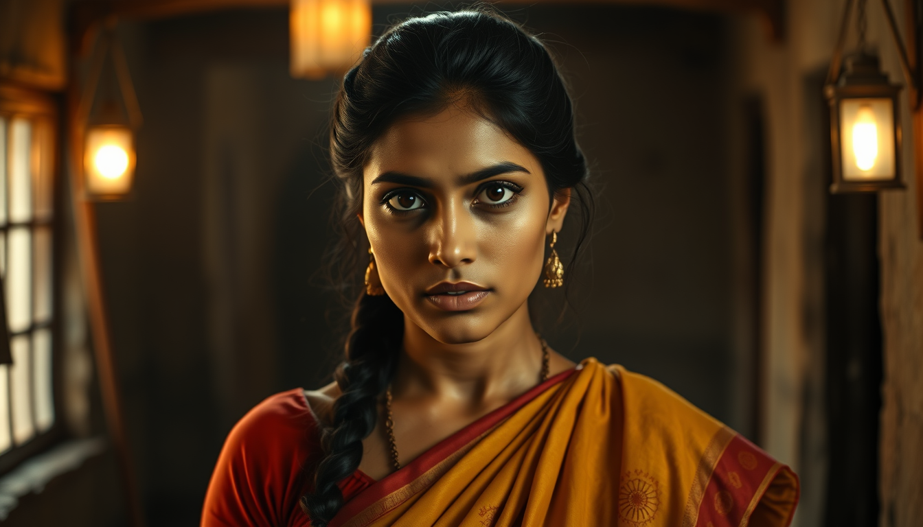 Main art studio: Ultra photorealistic cinematic portrait of Neera Arya, fictionalized historical reconstruction of an Indian woman freedom fighter in her late twenties
