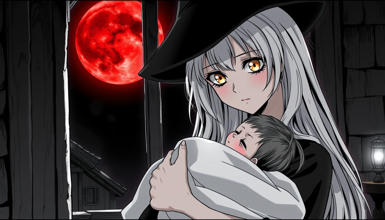 Anime idea: anime style, vibrant colors, expressive eyes, Black and white manga panel, a beautiful young witch mother gently holding her newborn baby in her arms.