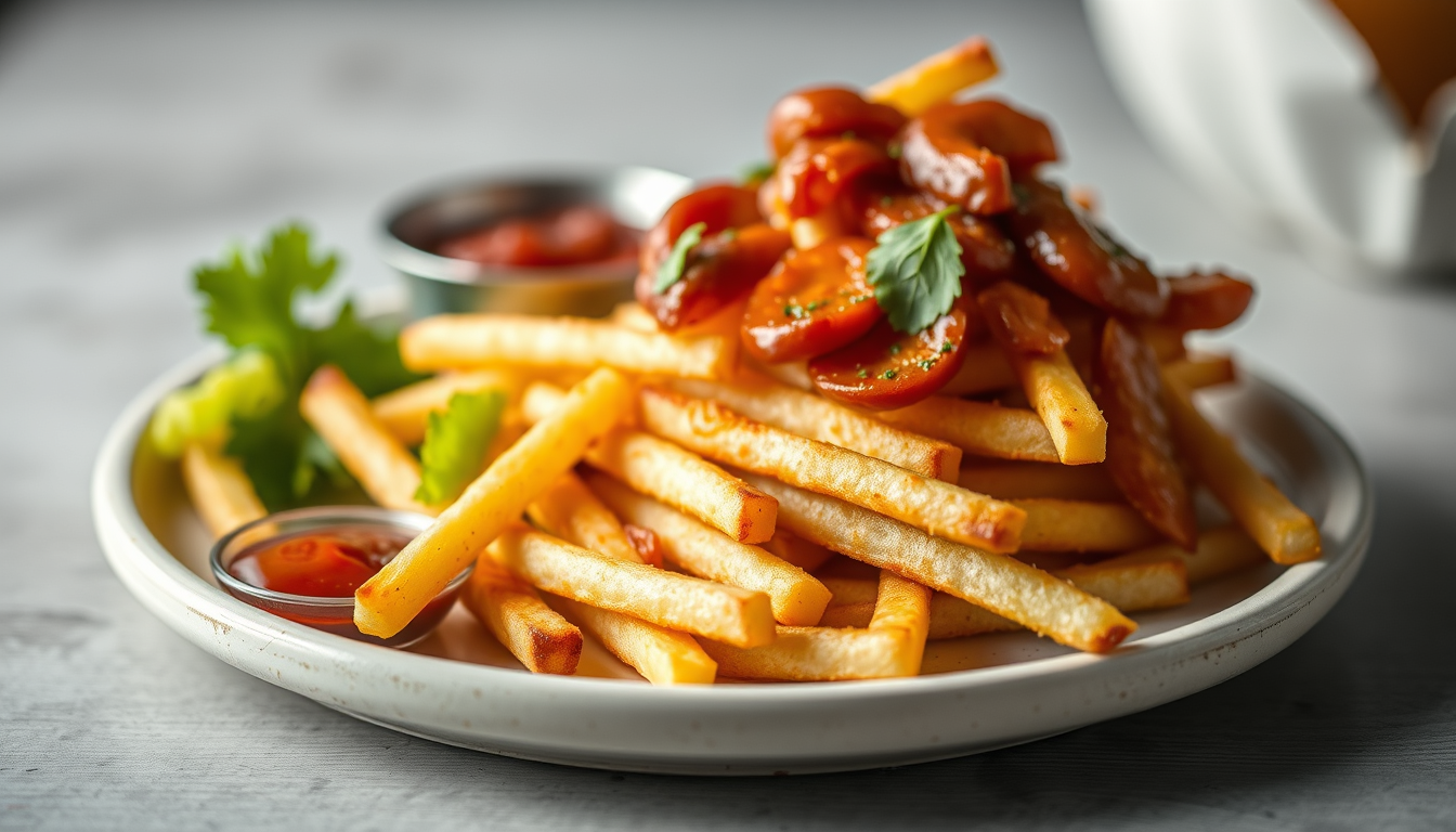 Food idea: fictional food image, appetizing but plausible texture, intentional plating and props, Fries , controlled depth of field, natural food photography lig