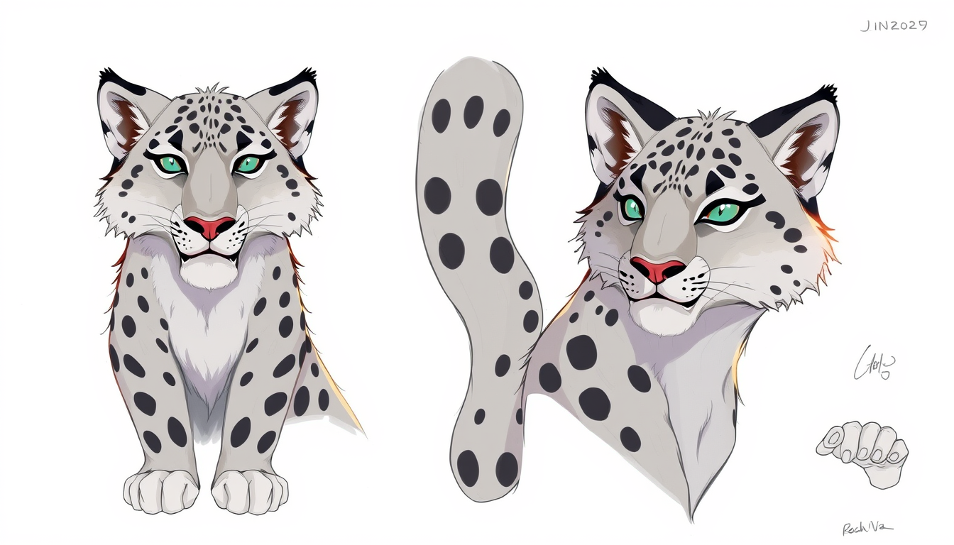 Fursona idea created from the prompt: fursona character, anthropomorphic animal design, expressive personality, reference sheet style, Male, snow leopard, twink , clean fursona i