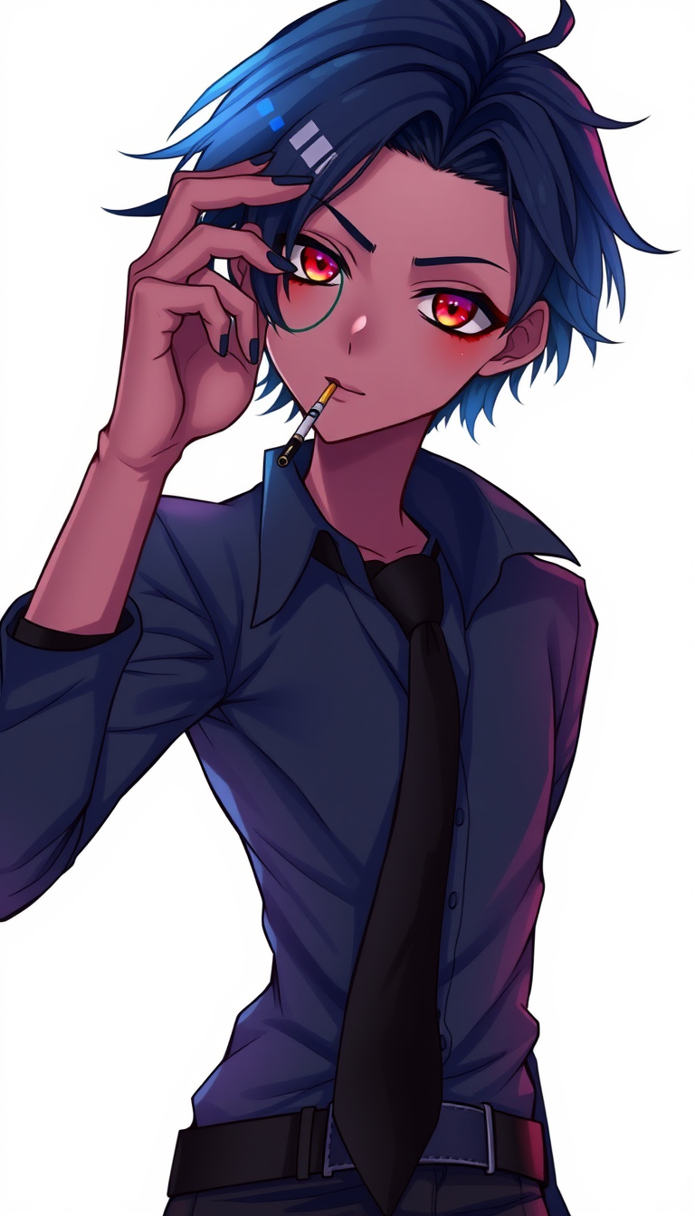 Anime idea: anime style, vibrant colors, expressive eyes, un ragazzo scuro di pelle alto un 1,70 cm abbastanza in carne con capelli quasi a zero vestito di nero c