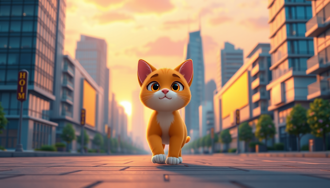 Main art studio: A cute small orange cat walking through a beautiful modern city at sunset, 3D animation style, vertical 9:16.