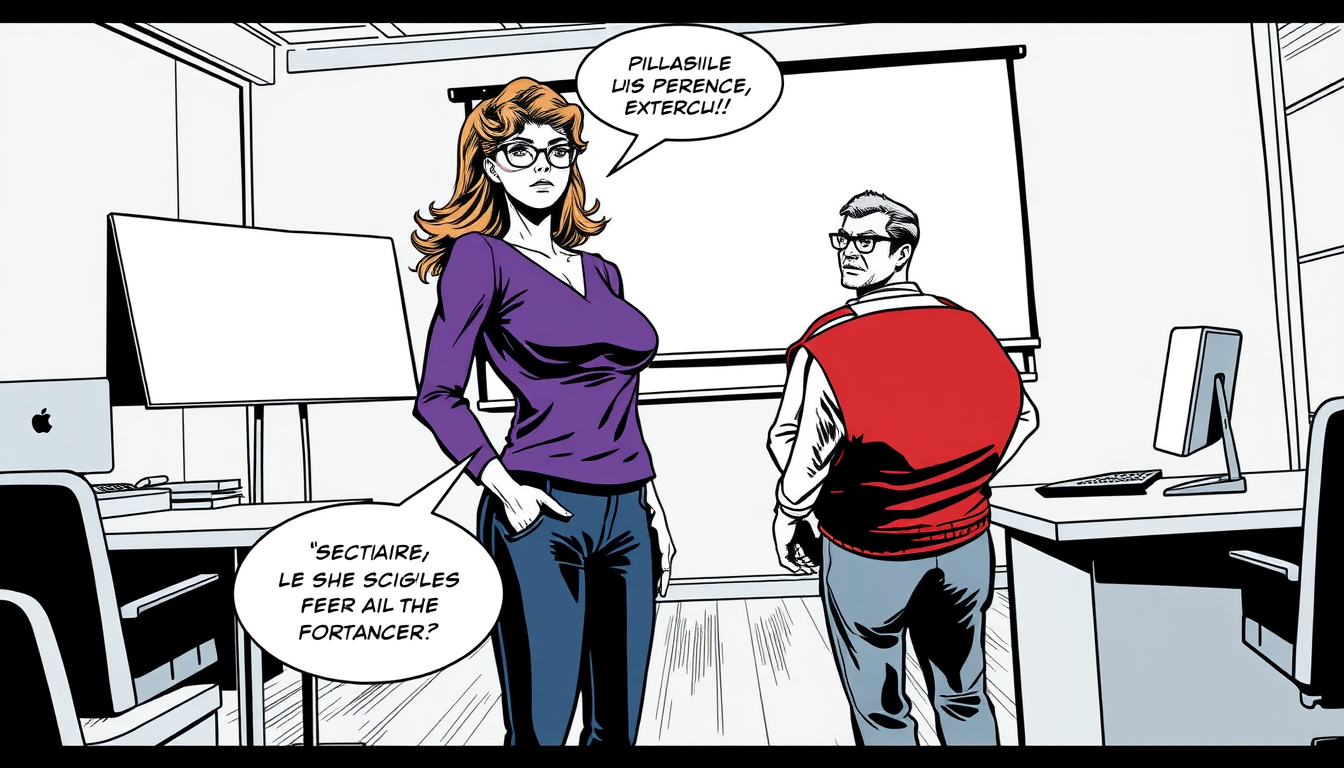 AI Comic idea created from the prompt: comic panel, bold inks, halftone shading, speech-bubble ready composition, La Stagiaire • Apparence : Cheveux châtains ondulés, haut violet,