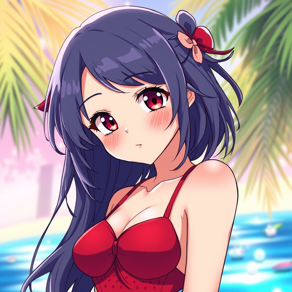 Anime idea created from the prompt: anime style, vibrant colors, expressive eyes, Makima with swimsuit red , detailed anime illustration