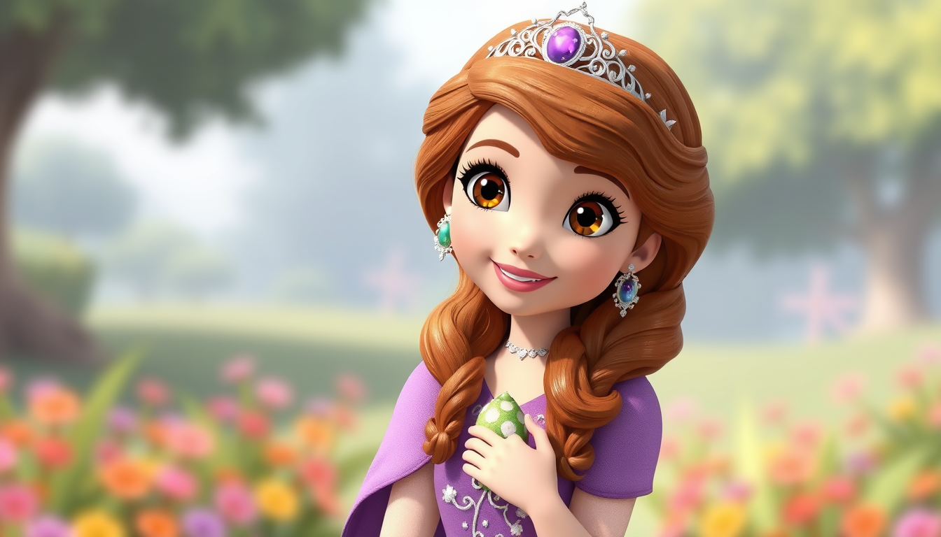 Main art studio: Generate a high resolution and clear picture of sofia the first with no backgroung and in png extension format, also with her tag name of walt disney