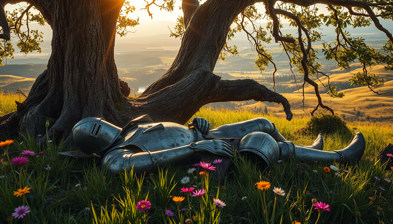Main art studio: A weathered medieval knight lies peacefully beneath an ancient tree on a highland meadow, surrounded by lush green grass and colorful wildflowers. His