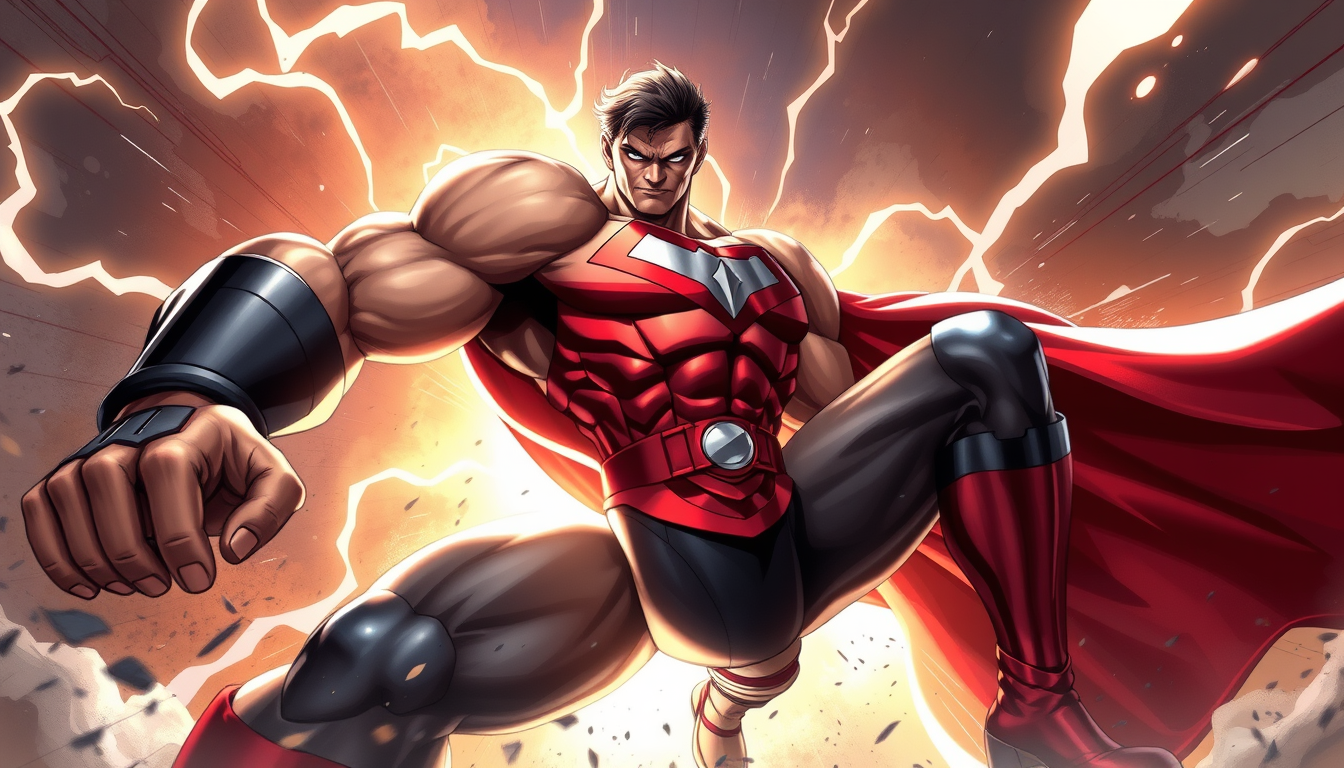 Superhero idea created from the prompt: original superhero character design, dynamic pose, bold costume, dramatic lighting, comic art energy, Die muskel müssen 1000 mal größer und 