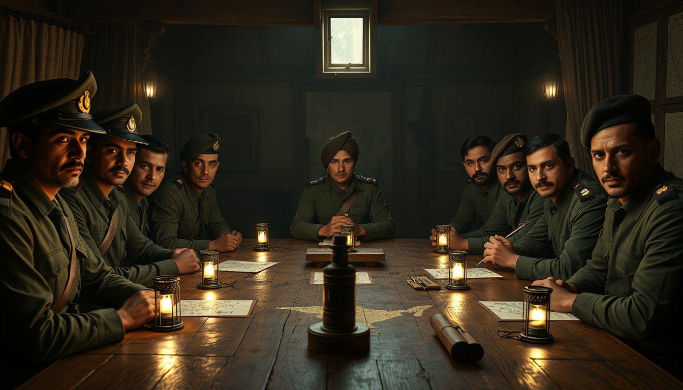 Main art studio: Ultra photorealistic cinematic 4K historical scene of Indian freedom fighters gathered at a secret meeting in the 1940s, period military uniforms, old