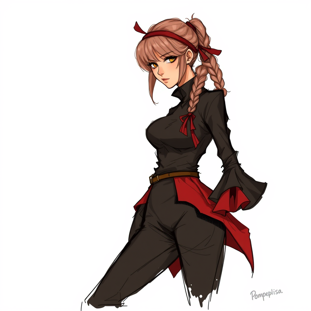 Main art studio: Fantasy concept art style, sketchy messy art style, pommeplisa on twitter art style, Adult woman thief, dusty pink-dirty blonde braided bun with chopp