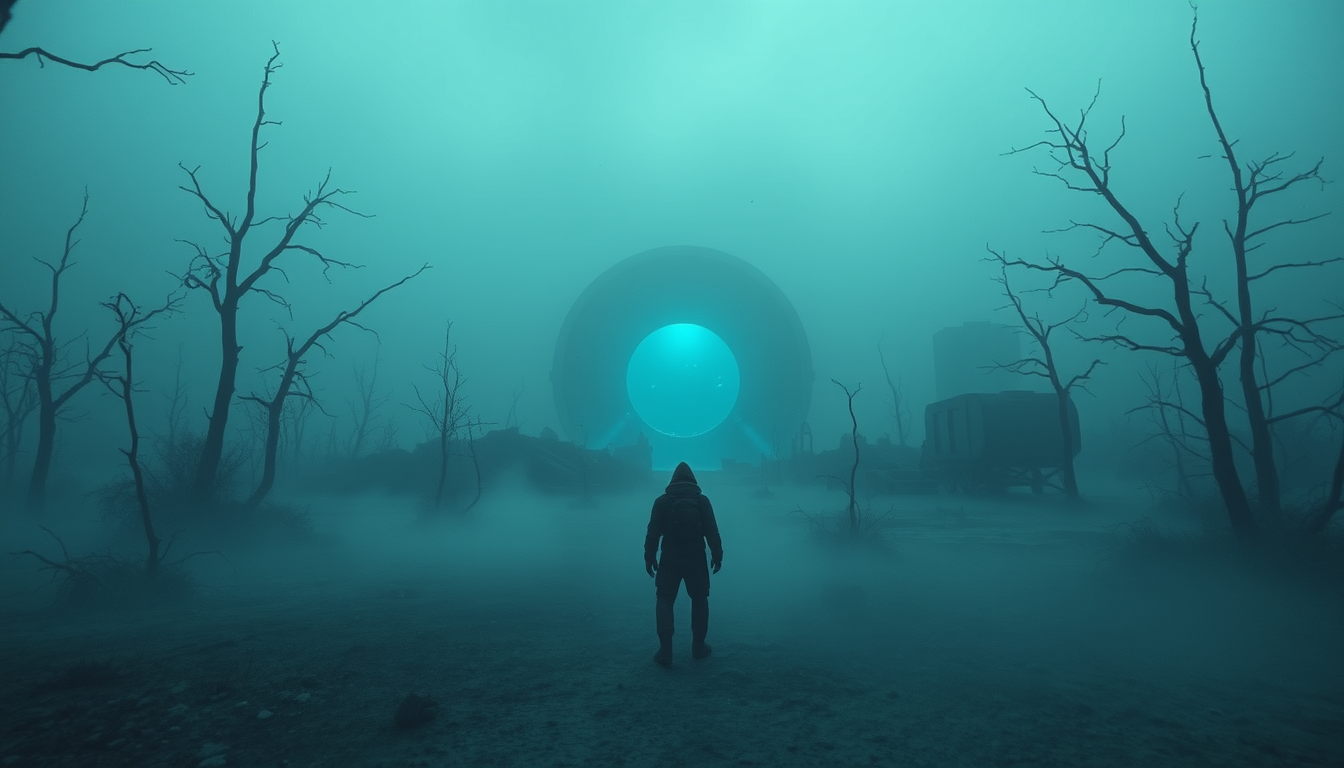 Main art studio: Slow cinematic drone shot approaching a lone stalker standing before a glowing anomaly. Thick radioactive fog slowly drifts across the ground. Dead tr