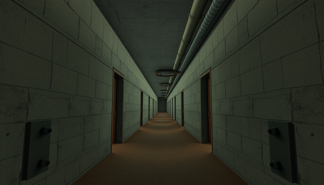 Main art studio: Historically grounded cinematic 3D animated reconstruction of a narrow corridor inside Hitler's Führerbunker in Berlin, April 1945, reinforced concret