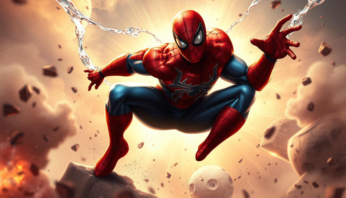 Superhero idea created from the prompt: original superhero character design, dynamic pose, bold costume, dramatic lighting, comic art energy, Spiderman muscle kustüm mit zu großen 